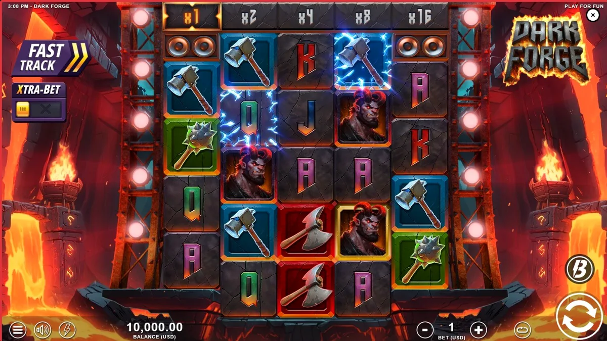 Tampilan visual slot Dark Forge dengan tema bengkel pandai besi iblis dan elemen api.